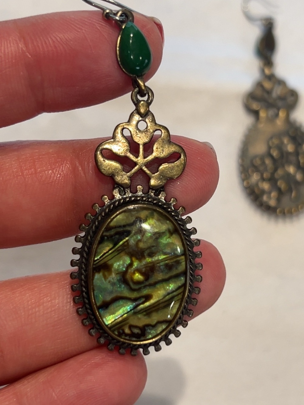Vintage Style Abalone & Clover Dangle Earrings silver Tone 2.5"